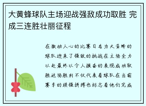 大黄蜂球队主场迎战强敌成功取胜 完成三连胜壮丽征程