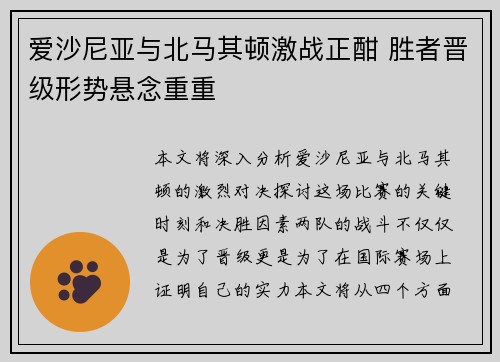 爱沙尼亚与北马其顿激战正酣 胜者晋级形势悬念重重