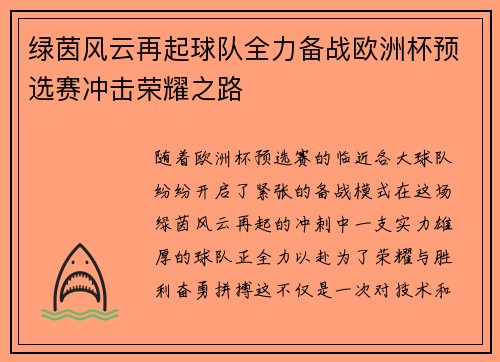 绿茵风云再起球队全力备战欧洲杯预选赛冲击荣耀之路