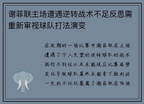 谢菲联主场遭遇逆转战术不足反思需重新审视球队打法演变
