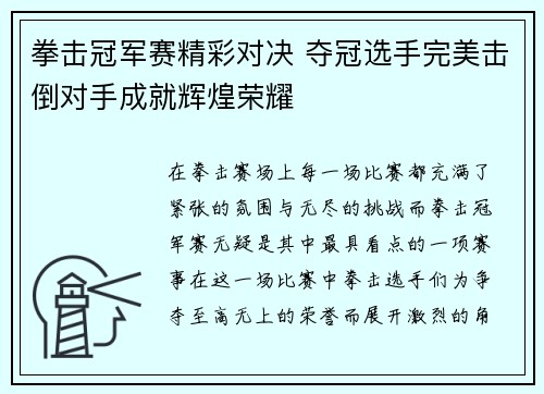 拳击冠军赛精彩对决 夺冠选手完美击倒对手成就辉煌荣耀