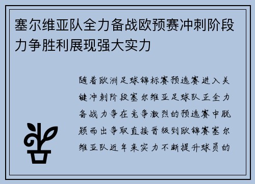 塞尔维亚队全力备战欧预赛冲刺阶段力争胜利展现强大实力