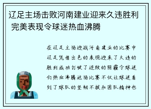 辽足主场击败河南建业迎来久违胜利 完美表现令球迷热血沸腾